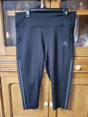 Adidas Black High Rise 3/4 Crop Leggings XL Side Pocket Workout Pants